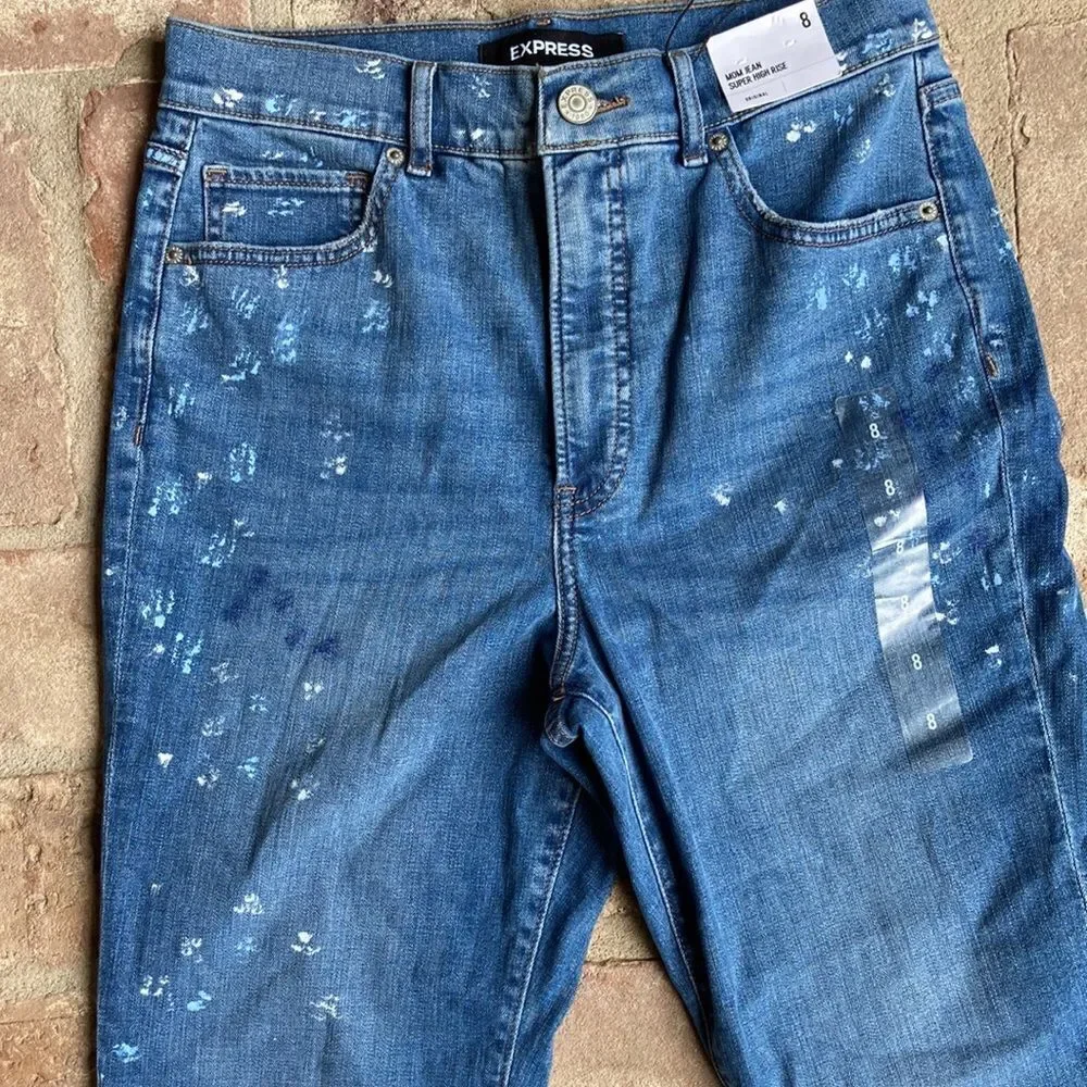 New Express Paint Splatter Super High Rise 12” Mom Jeans Size 8 - Picture 3 of 14